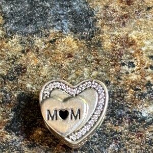 Heart-Shaped Silver 'Mom'  Charm Pandora jewelry with pave gems